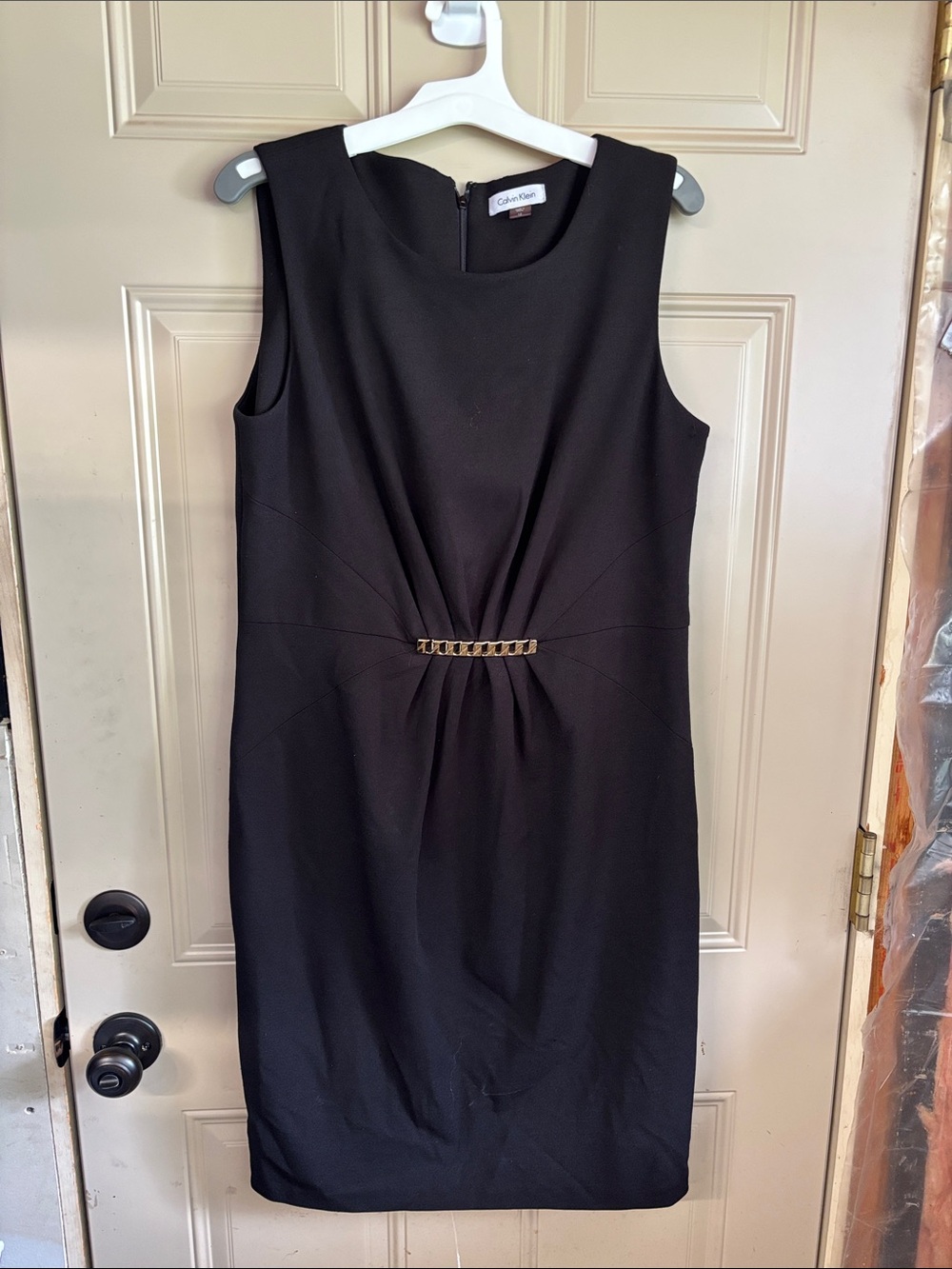 Calvin Klein Black Sleeveless Midi Sheath Dress with Gold Chain Waist b219